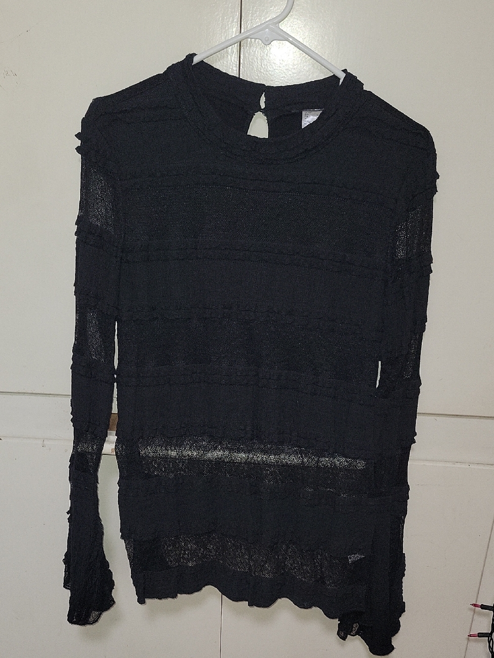 VENUS Black Long Sleeve Sheer(flared) Textured Knit Top